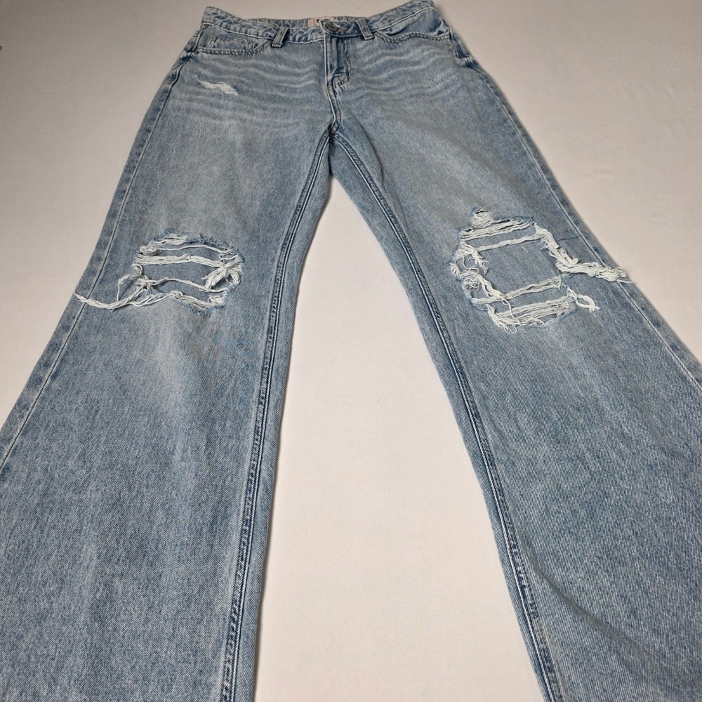 SO Slouchy Flare Jeans Women 5/27W Light Wash Distressed Mid Rise Wide Leg Denim
